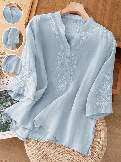 Women's Elegant Vintage Casual Artistic Embroidered Blouse, Solid Color Non-Positioned Embroidery Loose Casual Linen Boho Top Summer