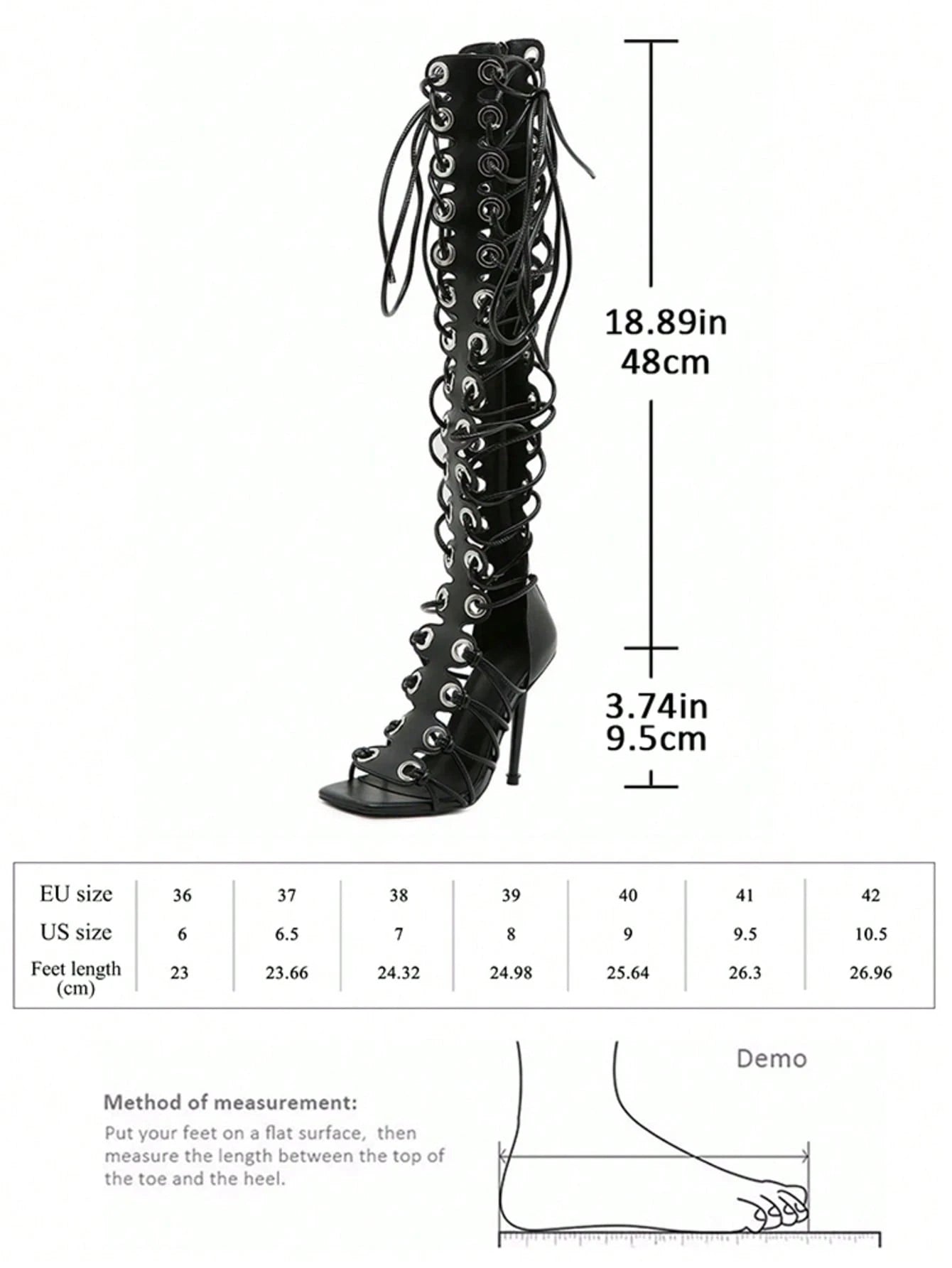 Women's Fashionable High Heel Sandals, Black Sexy Over-The-Knee Long Boots With Lace-Up, Square Toe Open Toe Sandals, Back Zipper, Summer Punk Style Party Sandals