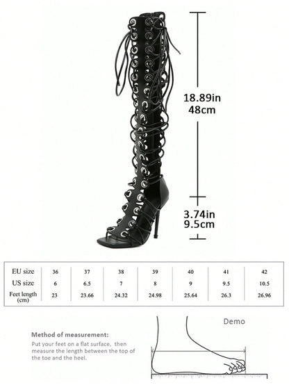Women's Fashionable High Heel Sandals, Black Sexy Over-The-Knee Long Boots With Lace-Up, Square Toe Open Toe Sandals, Back Zipper, Summer Punk Style Party Sandals