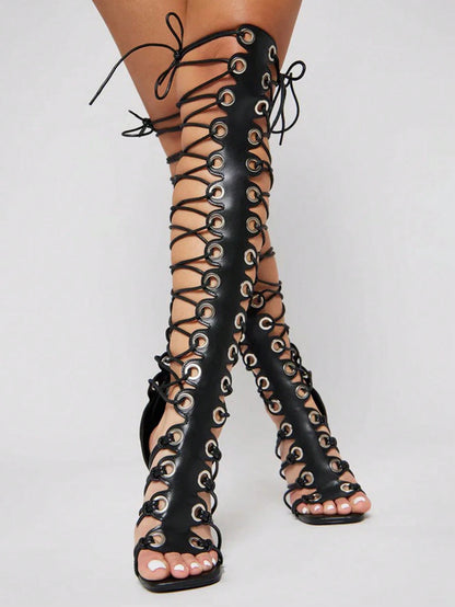 Women's Fashionable High Heel Sandals, Black Sexy Over-The-Knee Long Boots With Lace-Up, Square Toe Open Toe Sandals, Back Zipper, Summer Punk Style Party Sandals