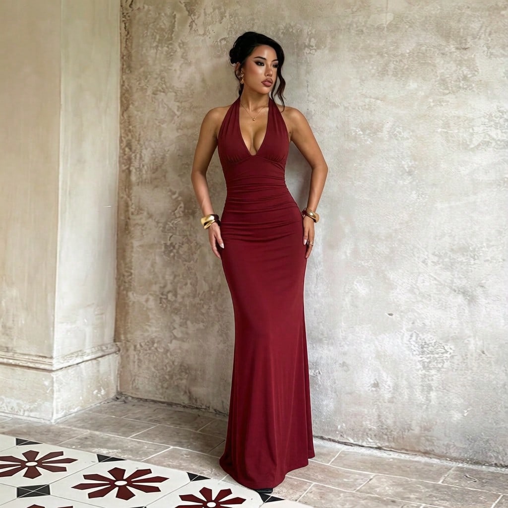 Women's Fitted Sleeveless Deep V Neck Knitted Long Dress With Slit, Sexy Backless Design For Elegant Party And Prom Wear Summer Dress