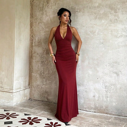 Women's Fitted Sleeveless Deep V Neck Knitted Long Dress With Slit, Sexy Backless Design For Elegant Party And Prom Wear Summer Dress