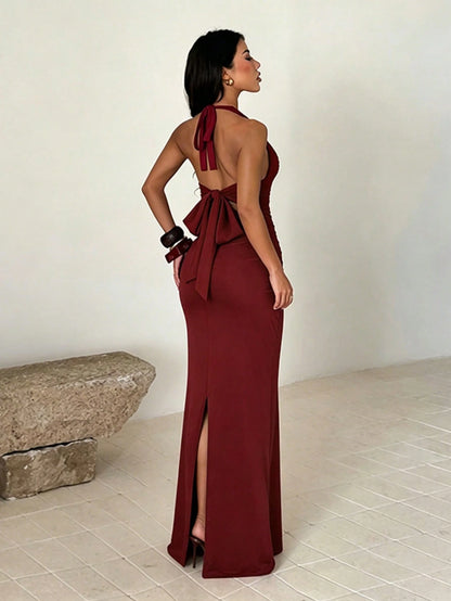 Women's Fitted Sleeveless Deep V Neck Knitted Long Dress With Slit, Sexy Backless Design For Elegant Party And Prom Wear Summer Dress