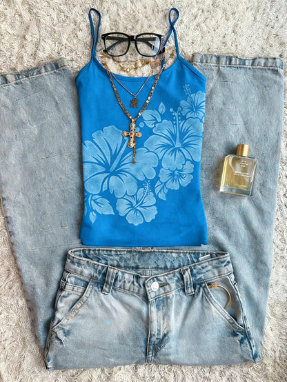 Women's Floral Print Short Camisole Tank Top, Beach Club Casual