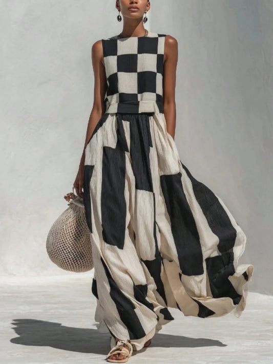 Women's Geometric Print Maxi Dress, Sleeveless Crew Neck Patchwork Flowy Casual Dress For Beach Vacation Resort Outfit