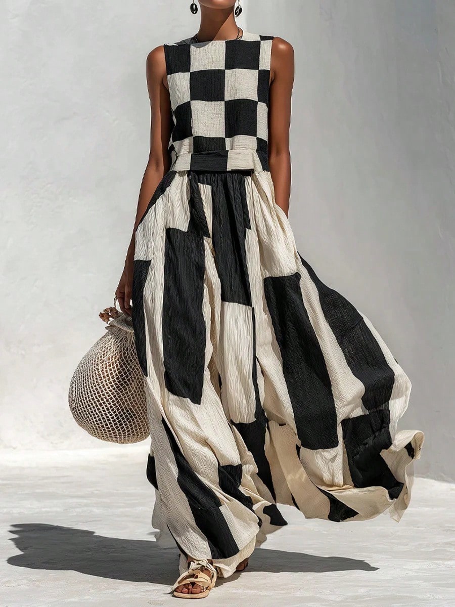 Women's Geometric Print Maxi Dress, Sleeveless Crew Neck Patchwork Flowy Casual Dress For Beach Vacation Resort Outfit