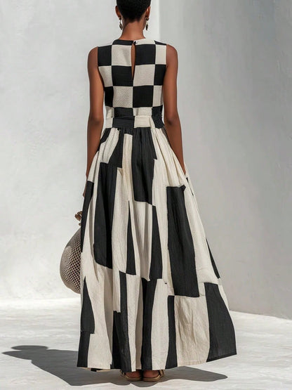 Women's Geometric Print Maxi Dress, Sleeveless Crew Neck Patchwork Flowy Casual Dress For Beach Vacation Resort Outfit