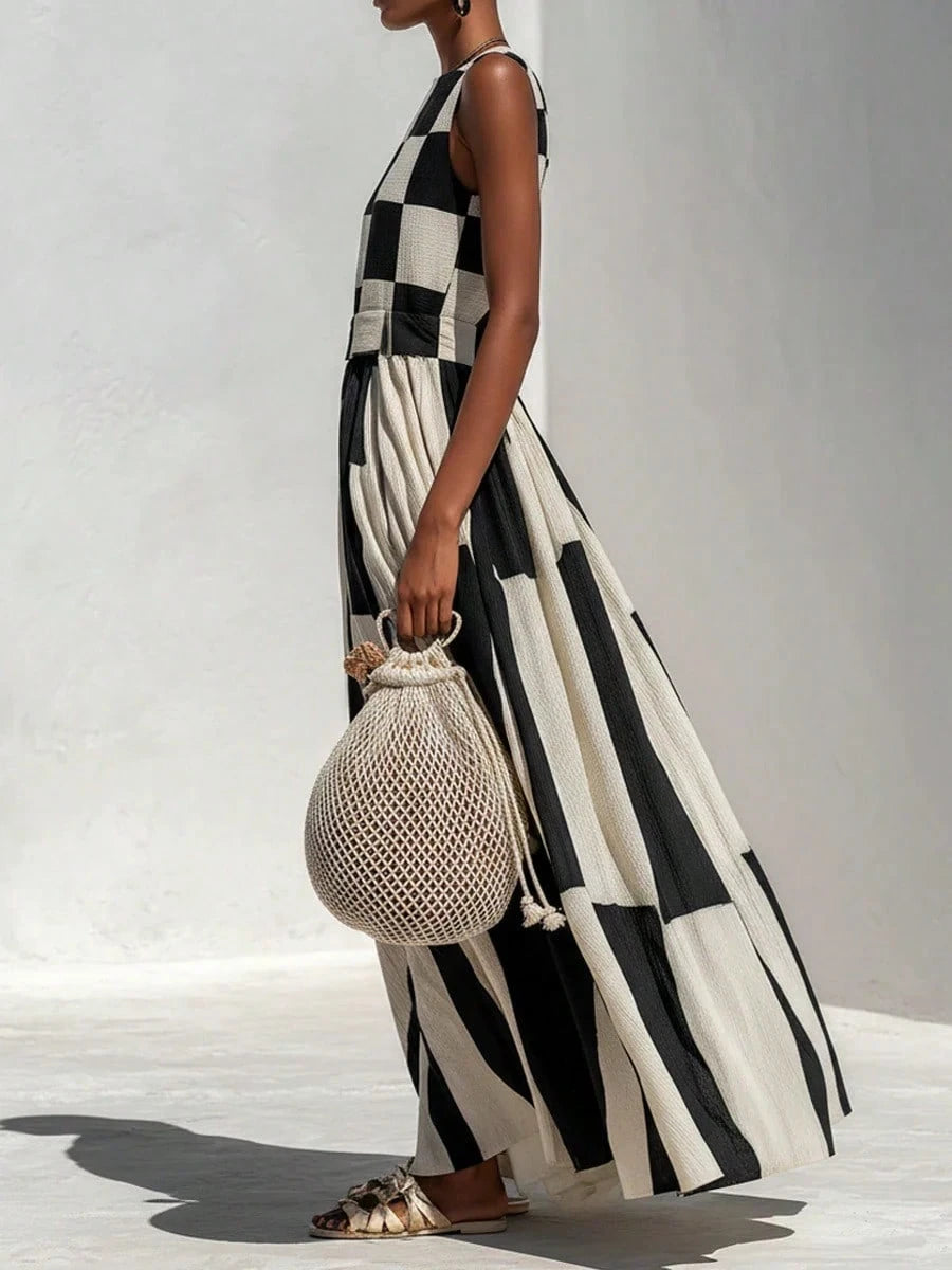 Women's Geometric Print Maxi Dress, Sleeveless Crew Neck Patchwork Flowy Casual Dress For Beach Vacation Resort Outfit