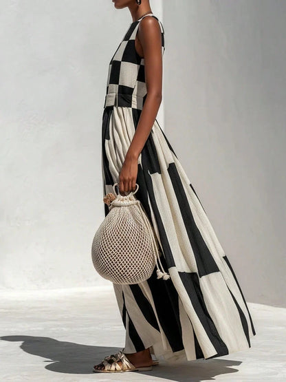 Women's Geometric Print Maxi Dress, Sleeveless Crew Neck Patchwork Flowy Casual Dress For Beach Vacation Resort Outfit