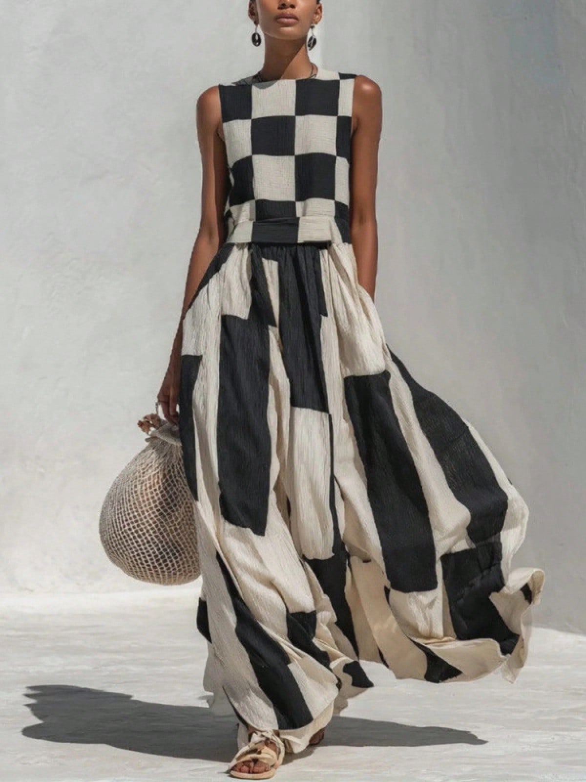 Women's Geometric Print Maxi Dress, Sleeveless Crew Neck Patchwork Flowy Casual Dress For Beach Vacation Resort Outfit