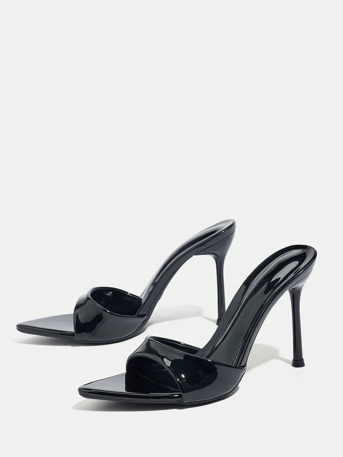 Women's High Heel Mirror, Summer Sandals, Cinched Waist Strap Pointed Toe Electroplated Black Thin High Heel Sandals, Elegant Fashion High Heels
