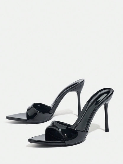 Women's High Heel Mirror, Summer Sandals, Cinched Waist Strap Pointed Toe Electroplated Black Thin High Heel Sandals, Elegant Fashion High Heels