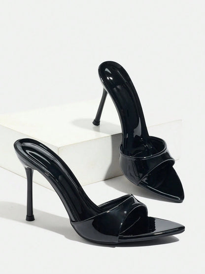 Women's High Heel Mirror, Summer Sandals, Cinched Waist Strap Pointed Toe Electroplated Black Thin High Heel Sandals, Elegant Fashion High Heels