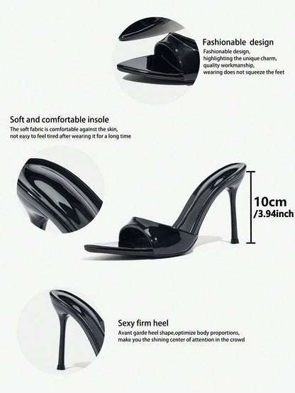 Women's High Heel Mirror, Summer Sandals, Cinched Waist Strap Pointed Toe Electroplated Black Thin High Heel Sandals, Elegant Fashion High Heels
