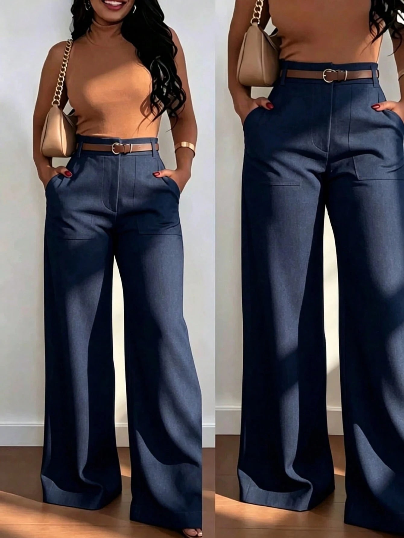Women's High-Waist Straight Leg Wide Leg Casual Commuter Long Pants With Pockets, Autumn/Winter Fashion, Versatile Quality Back To School