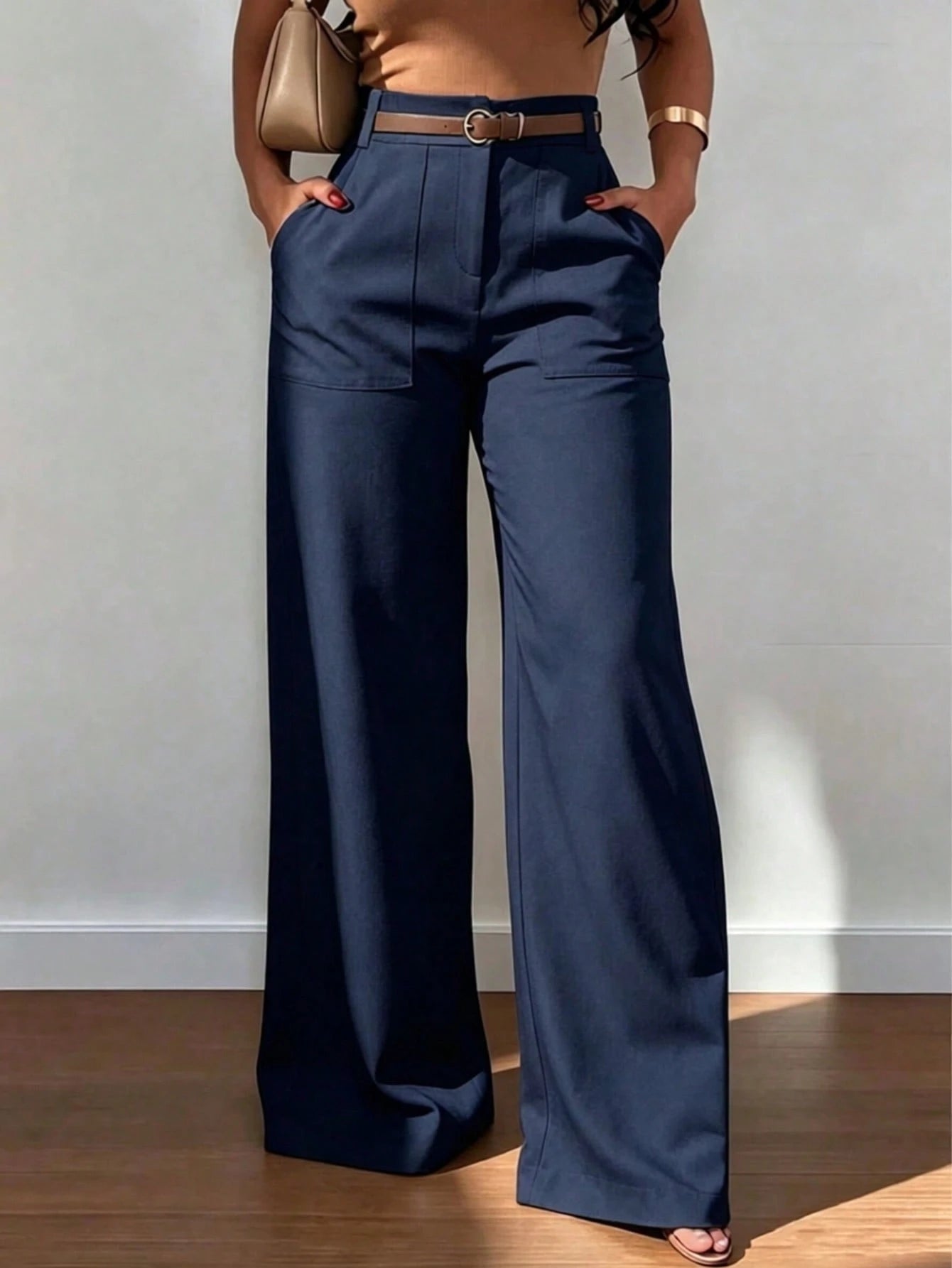 Women's High-Waist Straight Leg Wide Leg Casual Commuter Long Pants With Pockets, Autumn/Winter Fashion, Versatile Quality Back To School
