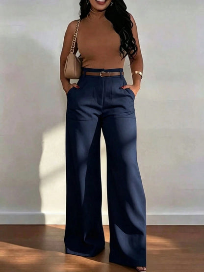 Women's High-Waist Straight Leg Wide Leg Casual Commuter Long Pants With Pockets, Autumn/Winter Fashion, Versatile Quality Back To School
