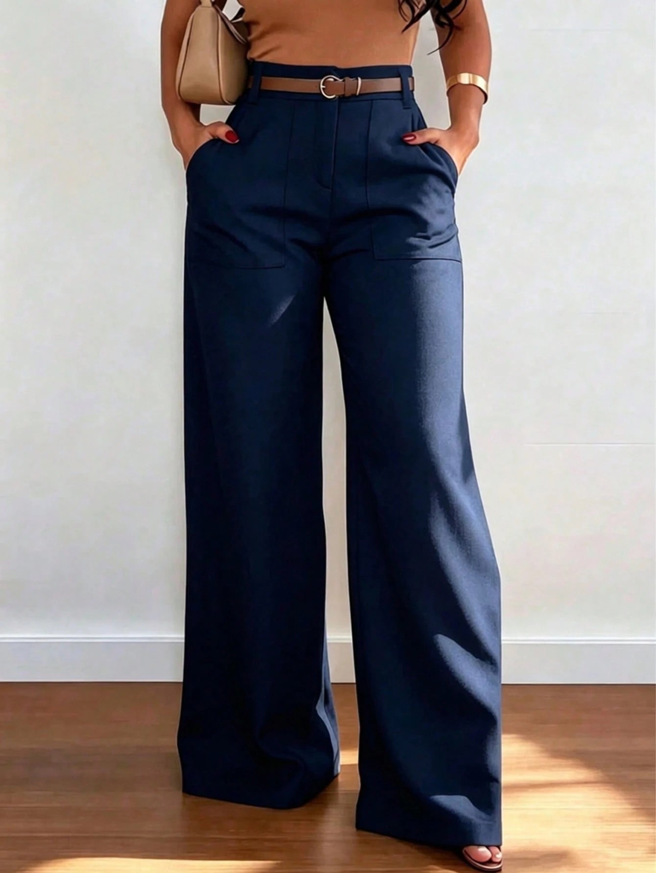 Women's High-Waist Straight Leg Wide Leg Casual Commuter Long Pants With Pockets, Autumn/Winter Fashion, Versatile Quality Back To School