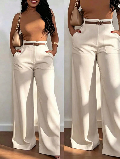 Women's High-Waist Straight Leg Wide Leg Casual Commuter Long Pants With Pockets, Autumn/Winter Fashion, Versatile Quality Back To School