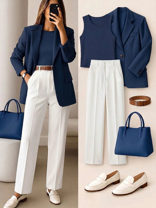 Women's High Waist White Pants, Minimalist Fashion, Y2K Style Commuter, Comfortable Slim Fit Versatile (Accessories Not Included)