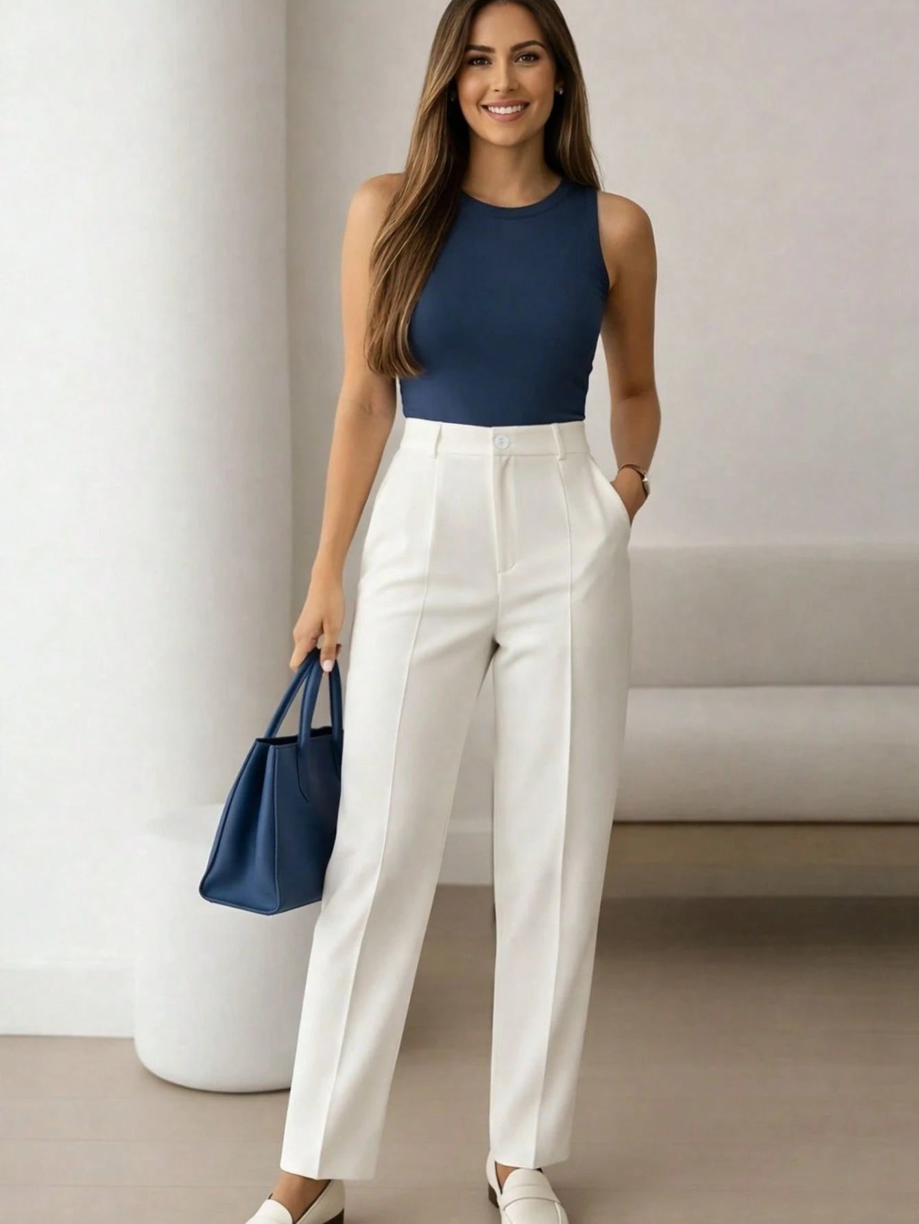 Women's High Waist White Pants, Minimalist Fashion, Y2K Style Commuter, Comfortable Slim Fit Versatile (Accessories Not Included)