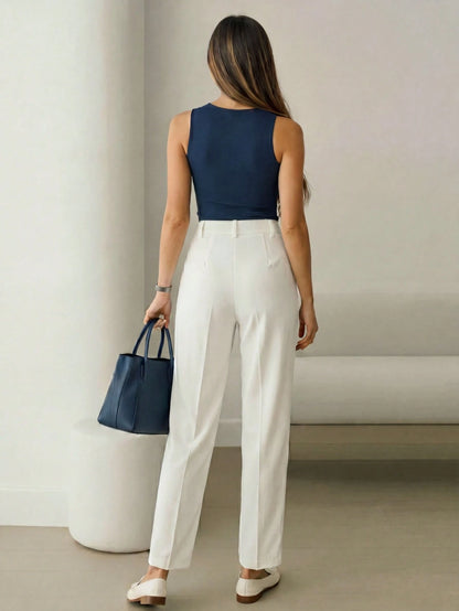 Women's High Waist White Pants, Minimalist Fashion, Y2K Style Commuter, Comfortable Slim Fit Versatile (Accessories Not Included)