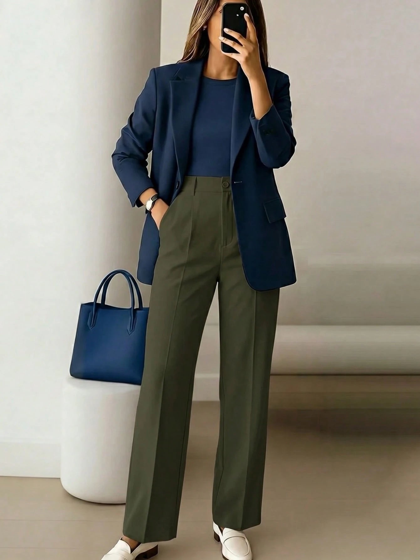 Women's High Waist White Pants, Minimalist Fashion, Y2K Style Commuter, Comfortable Slim Fit Versatile (Accessories Not Included)