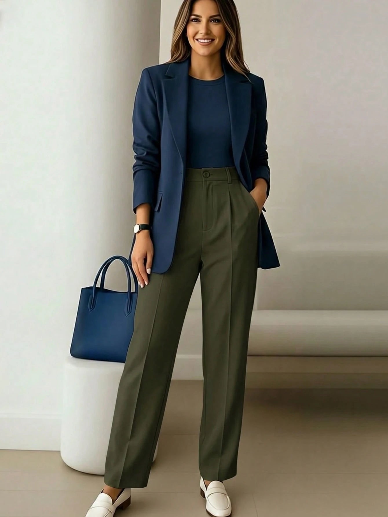 Women's High Waist White Pants, Minimalist Fashion, Y2K Style Commuter, Comfortable Slim Fit Versatile (Accessories Not Included)