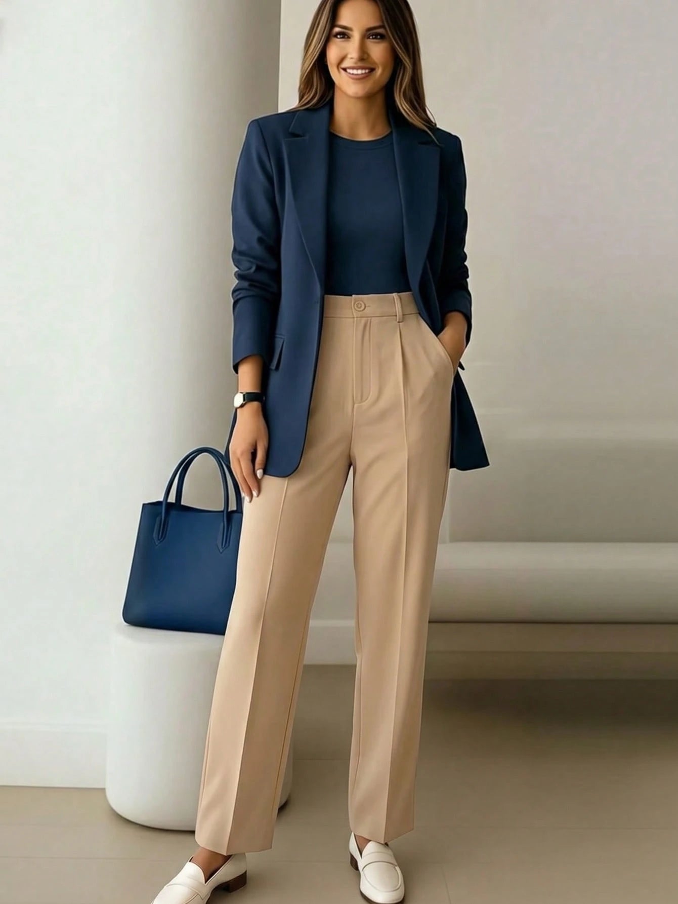 Women's High-Waisted Khaki Long Pants, Minimalist Fashionable Commuter Y2K Style, Comfortable Slim Fit Versatile (Accessories Not Included), Office Siren