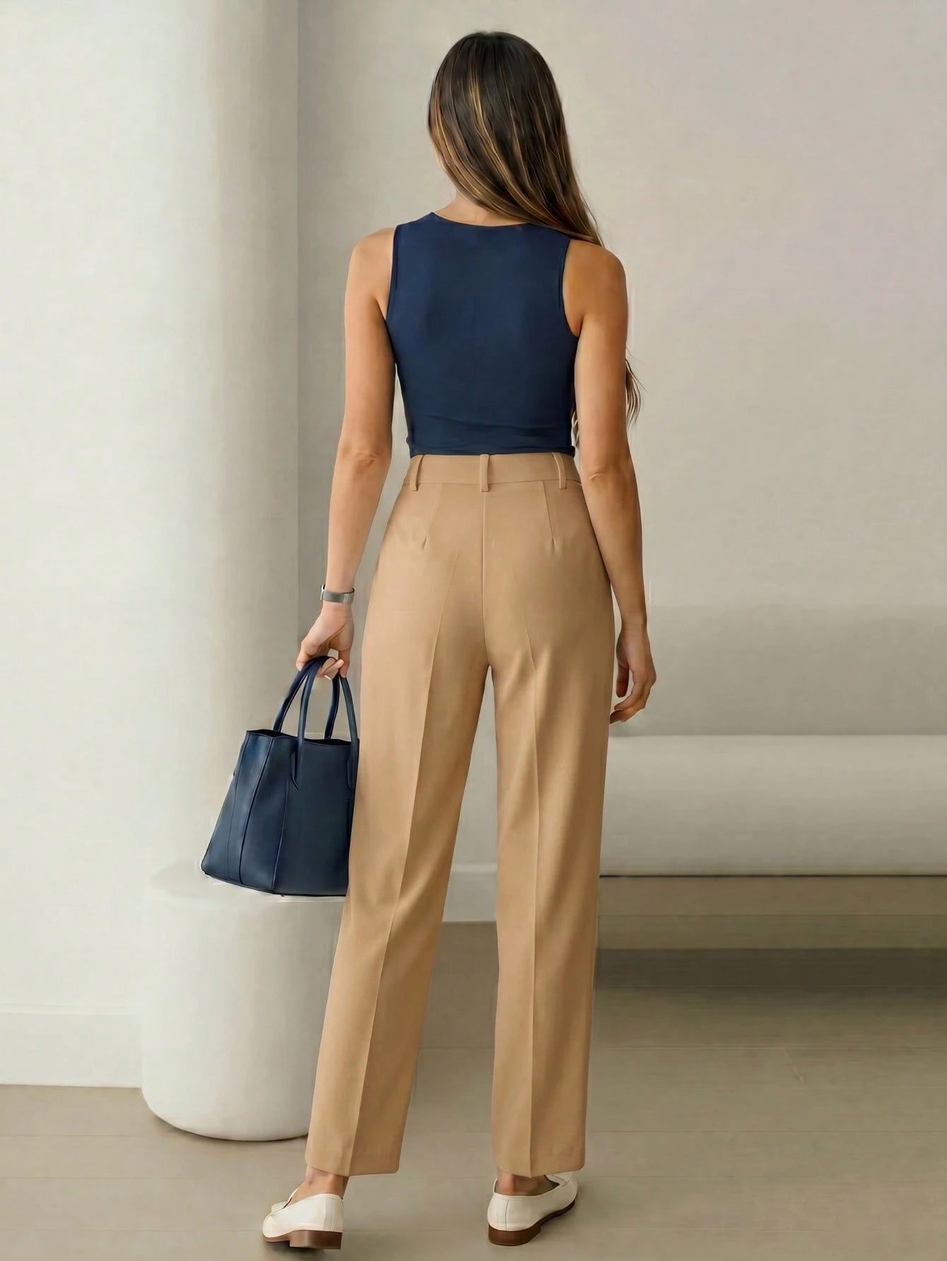 Women's High-Waisted Khaki Long Pants, Minimalist Fashionable Commuter Y2K Style, Comfortable Slim Fit Versatile (Accessories Not Included), Office Siren