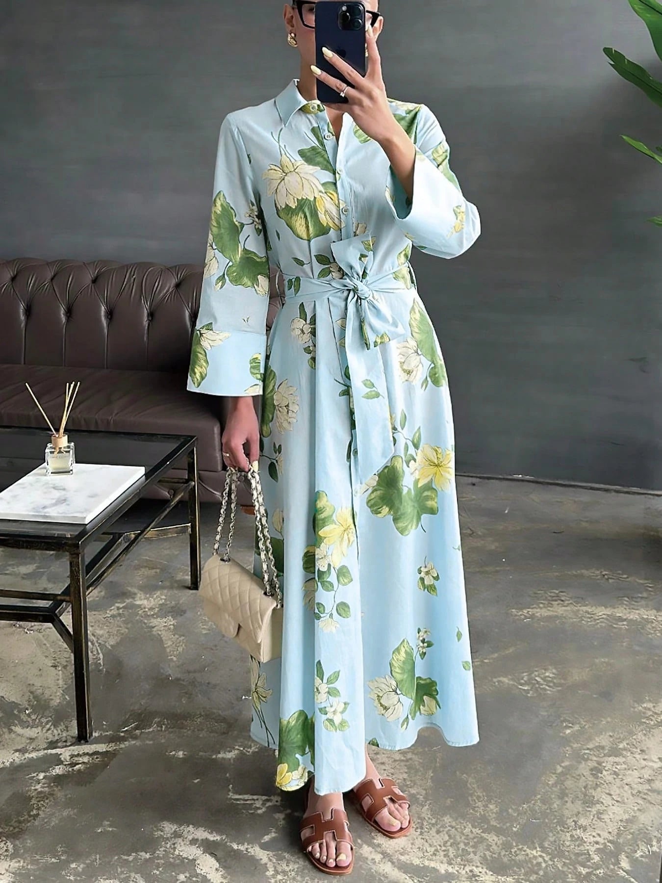 Women's Leaf Pattern Floral Print Dress, Casual Elegant Tie Waist Button Long Dress, All Season Spring