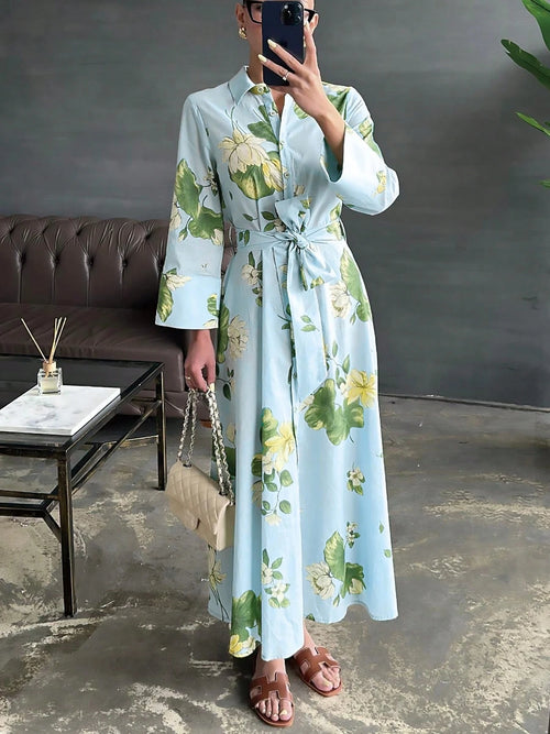 Women's Leaf Pattern Floral Print Dress, Casual Elegant Tie Waist Button Long Dress, All Season Spring
