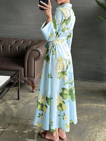 Women's Leaf Pattern Floral Print Dress, Casual Elegant Tie Waist Button Long Dress, All Season Spring