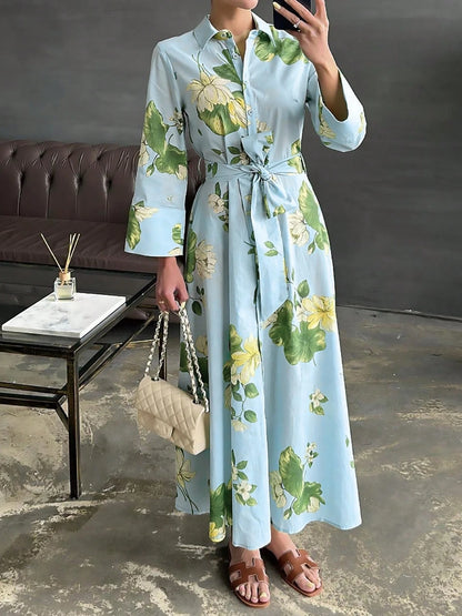 Women's Leaf Pattern Floral Print Dress, Casual Elegant Tie Waist Button Long Dress, All Season Spring