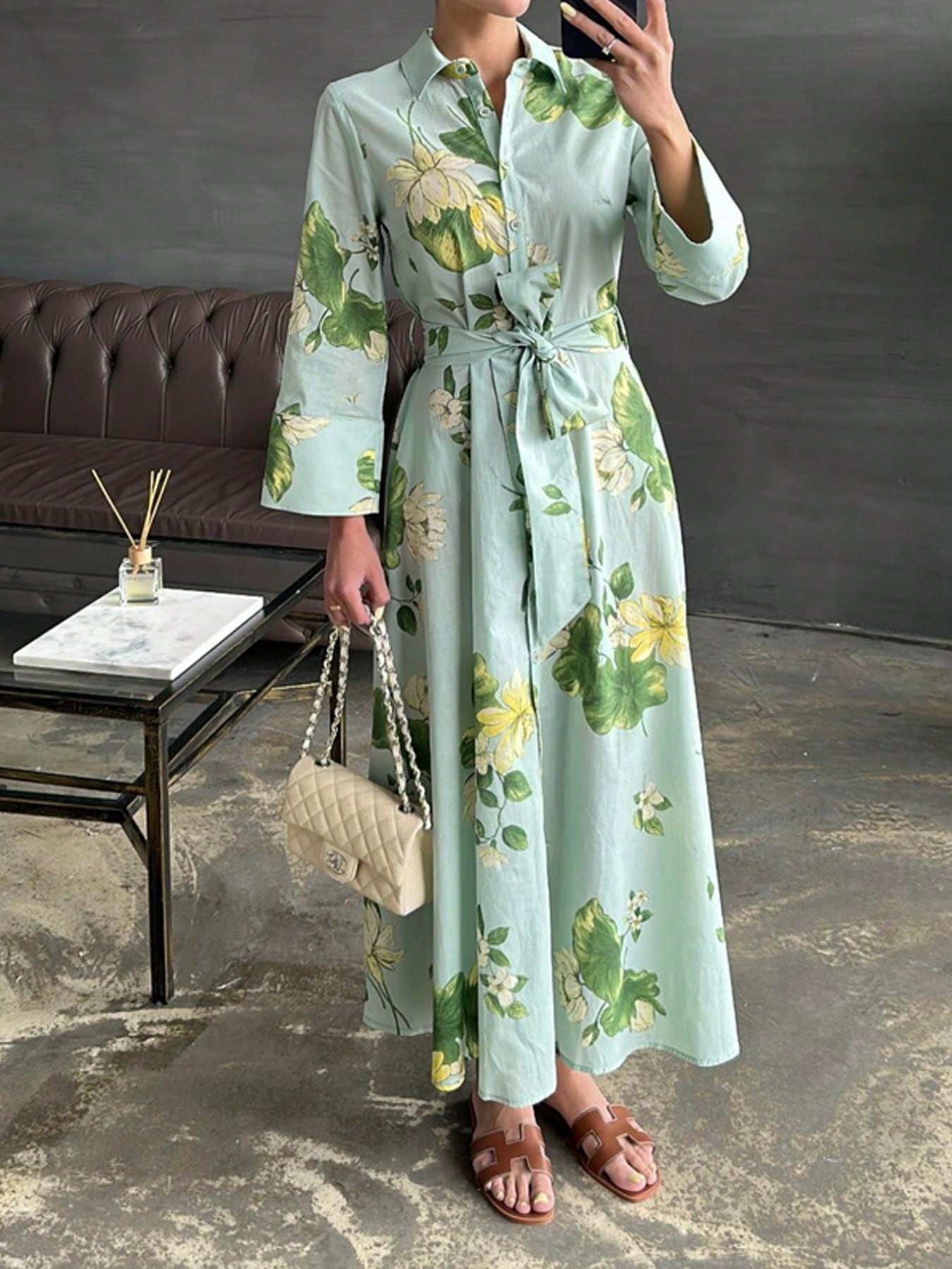 Women's Leaf Pattern Floral Print Dress, Casual Elegant Tie Waist Button Long Dress, All Season Spring