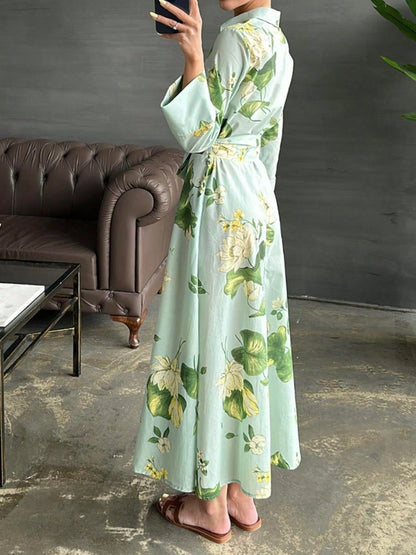 Women's Leaf Pattern Floral Print Dress, Casual Elegant Tie Waist Button Long Dress, All Season Spring