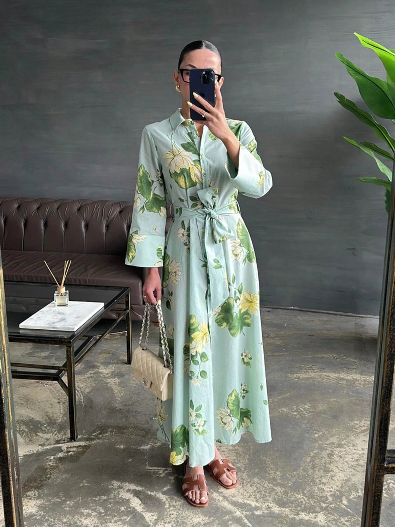 Women's Leaf Pattern Floral Print Dress, Casual Elegant Tie Waist Button Long Dress, All Season Spring