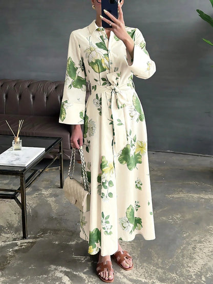 Women's Leaf Pattern Floral Print Dress, Casual Elegant Tie Waist Button Long Dress, All Season Spring