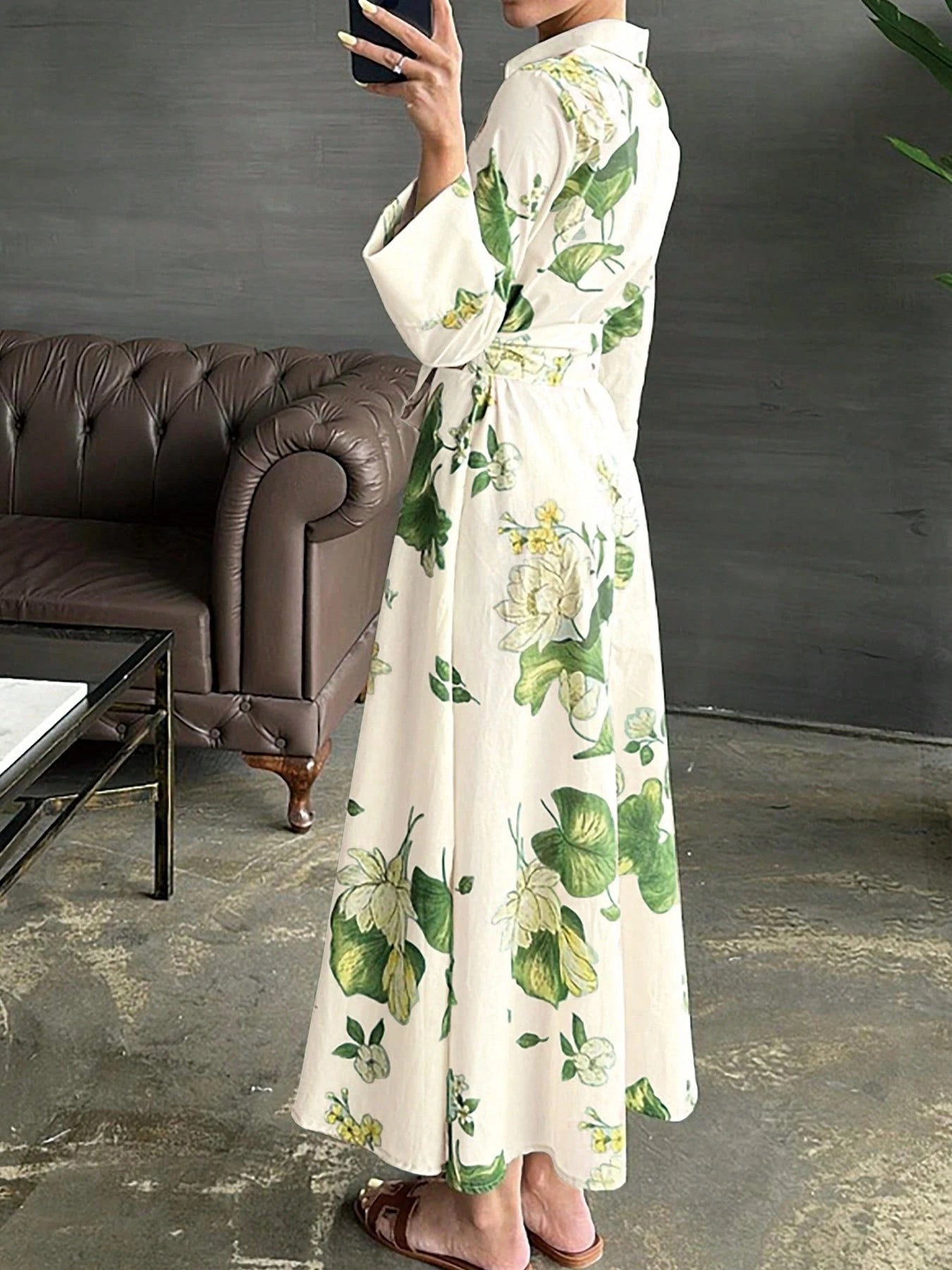 Women's Leaf Pattern Floral Print Dress, Casual Elegant Tie Waist Button Long Dress, All Season Spring