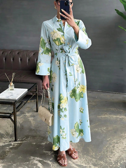 Women's Leaf Pattern Floral Print Dress, Casual Elegant Tie Waist Button Long Dress, All Season Spring
