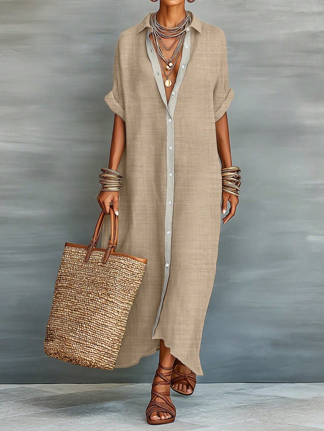 Women's Loose Turndown Collar Short Sleeve Cardigan Dress, Asymmetrical Hem Casual Vacation Dress Summer Elegant