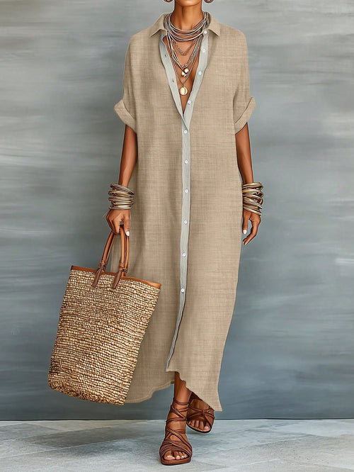 Women's Loose Turndown Collar Short Sleeve Cardigan Dress, Asymmetrical Hem Casual Vacation Dress Summer Elegant