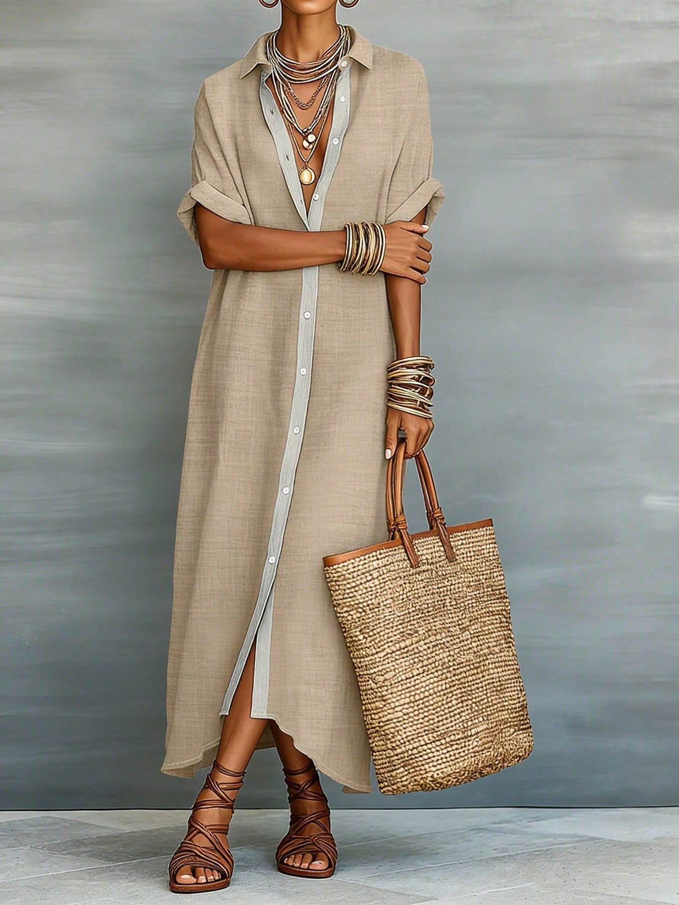Women's Loose Turndown Collar Short Sleeve Cardigan Dress, Asymmetrical Hem Casual Vacation Dress Summer Elegant