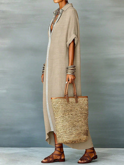 Women's Loose Turndown Collar Short Sleeve Cardigan Dress, Asymmetrical Hem Casual Vacation Dress Summer Elegant