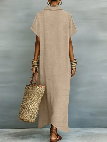 Women's Loose Turndown Collar Short Sleeve Cardigan Dress, Asymmetrical Hem Casual Vacation Dress Summer Elegant