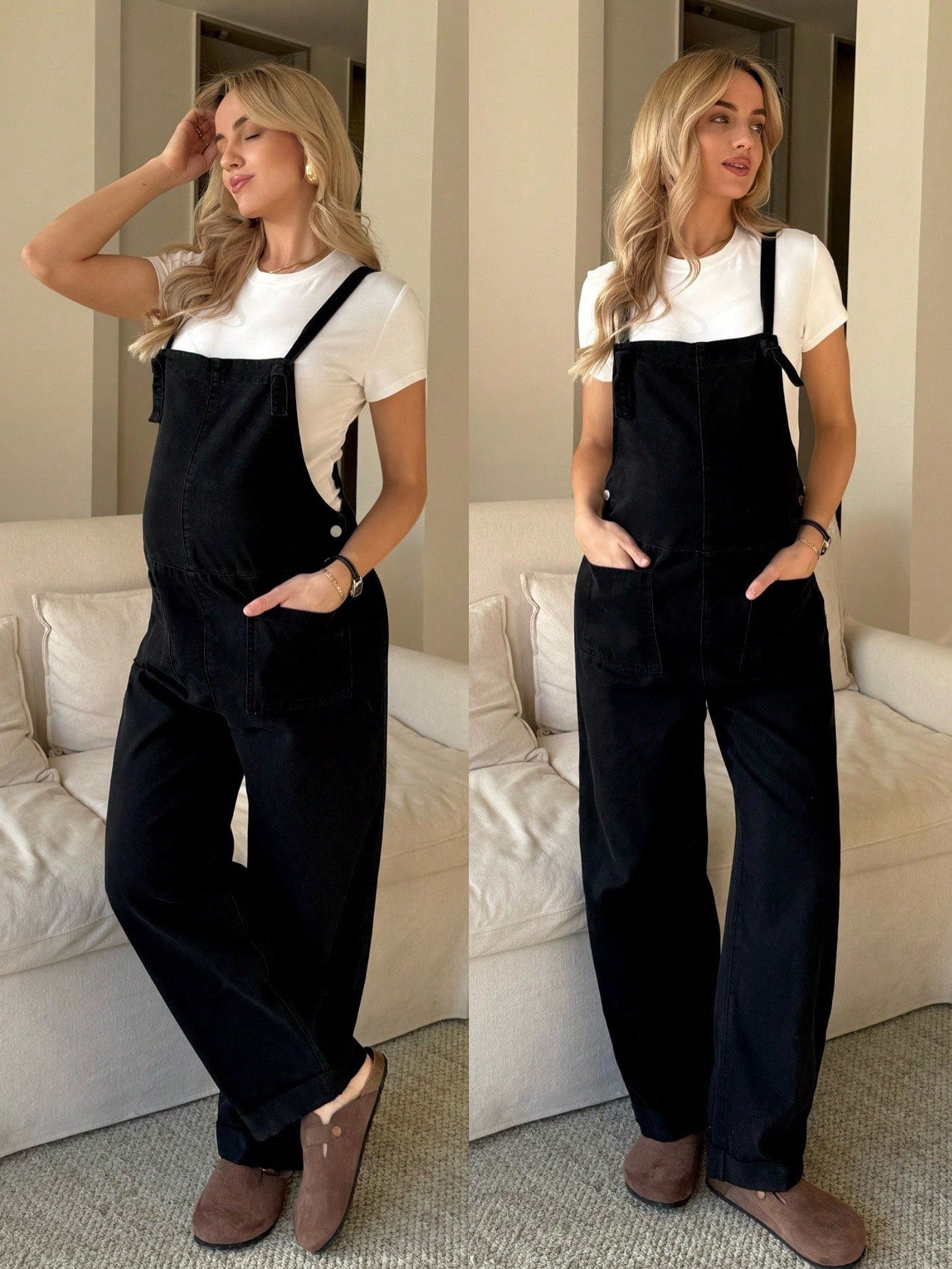 Women's Maternity Black Denim Overalls,Solid Straight Leg Jumpsuit With Pocket,Summer Smart Casual Everyday Chic Y2k Streetwear Versatile Comfort