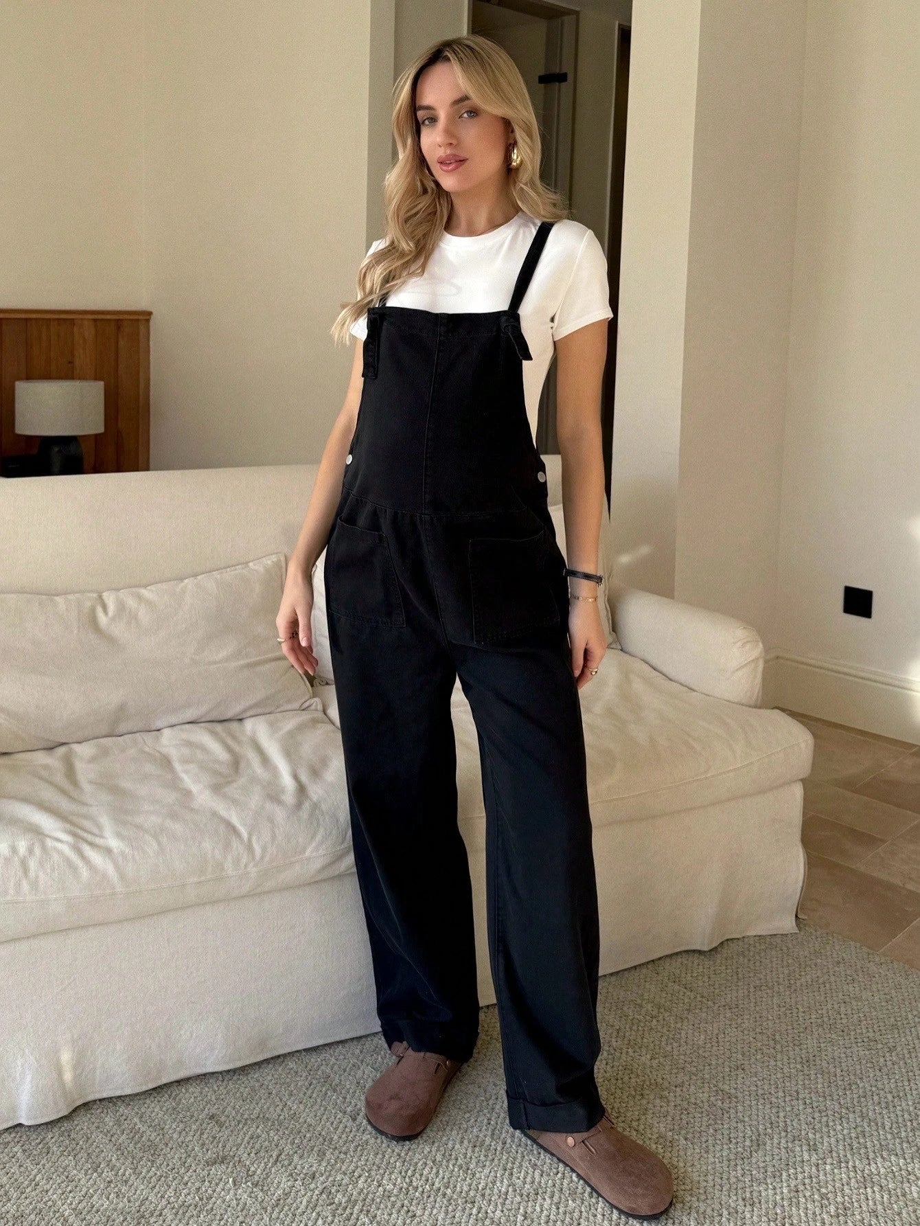 Women's Maternity Black Denim Overalls,Solid Straight Leg Jumpsuit With Pocket,Summer Smart Casual Everyday Chic Y2k Streetwear Versatile Comfort