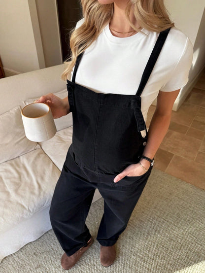 Women's Maternity Black Denim Overalls,Solid Straight Leg Jumpsuit With Pocket,Summer Smart Casual Everyday Chic Y2k Streetwear Versatile Comfort