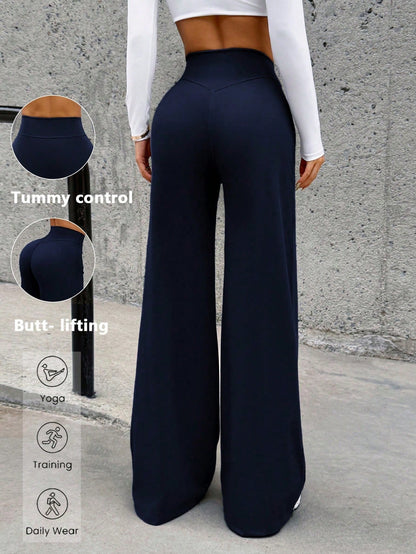 Women's Minimalist High Waist Sports Fitness Running Wide Leg Pants, Comfortable Casual Leggings, High Stretch Flared Commuting Yoga Trousers