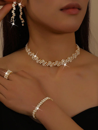 Women's Necklace, Earrings, Bracelet And Ring Set, Geometric Pattern, Elegant Copper Bridal Jewelry, Graduation Season